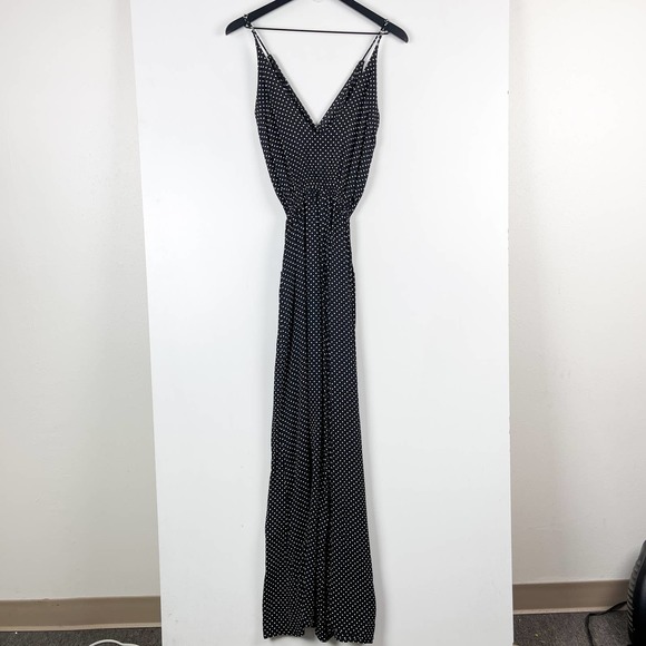 Flynn Skye (1) Polka Dot Wide Leg Rayon V-Neck Jumpsuit Black - Picture 6 of 11